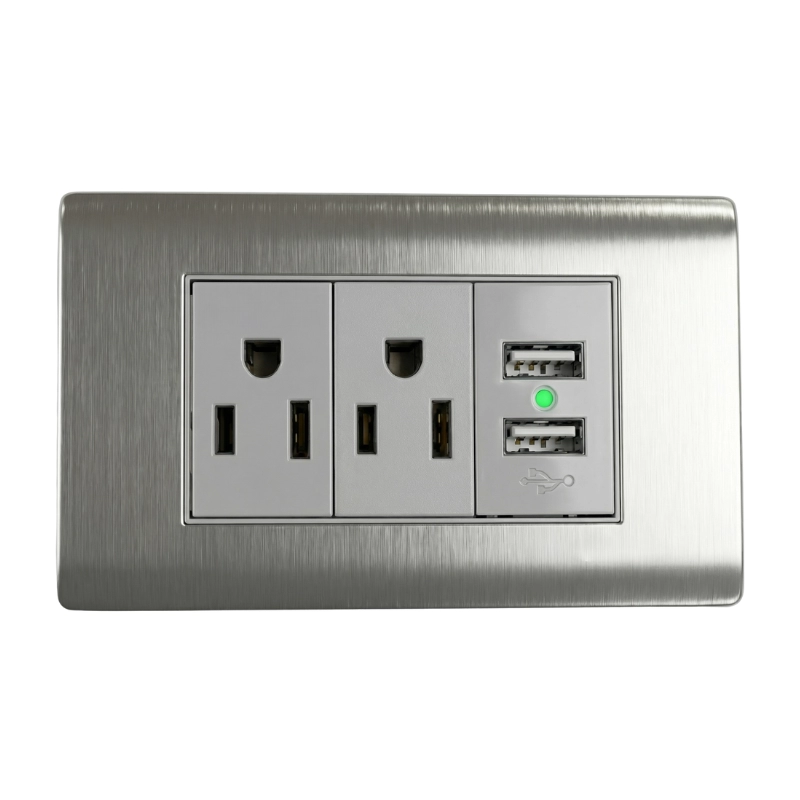 Toma Con Polo Doble + USB Doble Acero Inoxidable