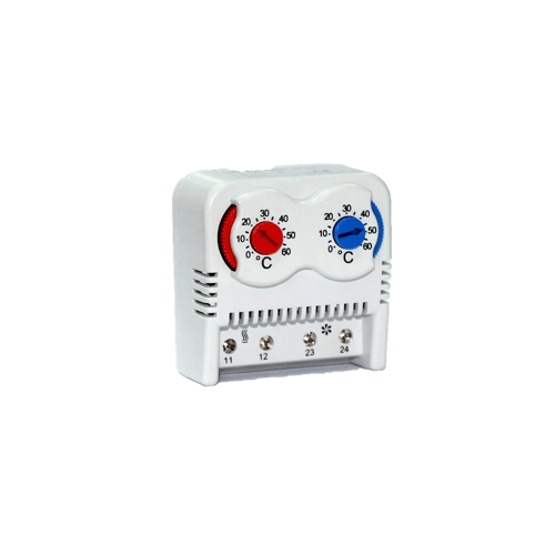 Termostato Dual, Contactos NC+NO, Rango Temp 0-60°C / 0-60°C, 10A 250VAC, 15A 250Vac, Color Rojo + Azul, Montaje en Riel