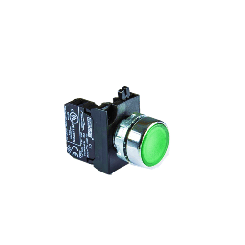 Pulsador Iluminado Metálico Verde 1NA Piloto 100-230Vac