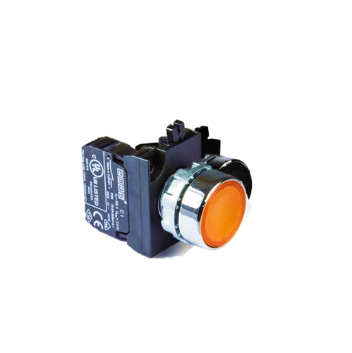 Pulsador Iluminado Metálico Amarillo 1NA Piloto 12-30Vac/Dc